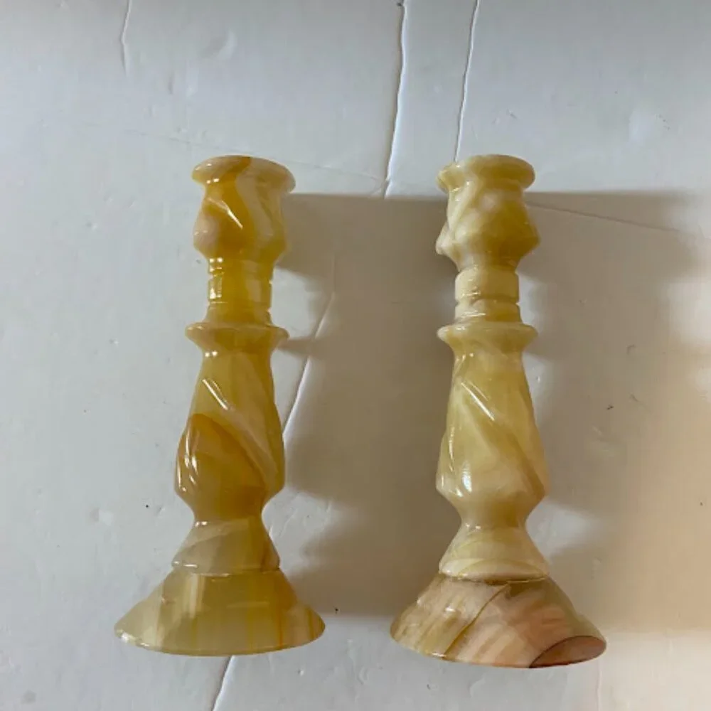 Vintage Banded Onyx Marble Candlestick Holders Set of 2 - 6” Tall